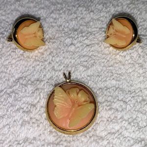 Trifari butterfly Peach canoe pendant and clip on earrings